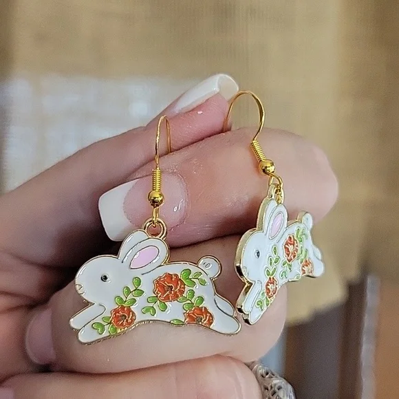 FLORAL WHIMSY Rabbit Charm Earrings, 925 wires - Picture 4 of 6